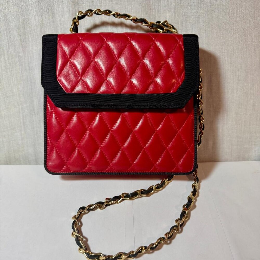 I-Magnin Red Leather Quilted Shoulder Purse - w/FREE GIFT